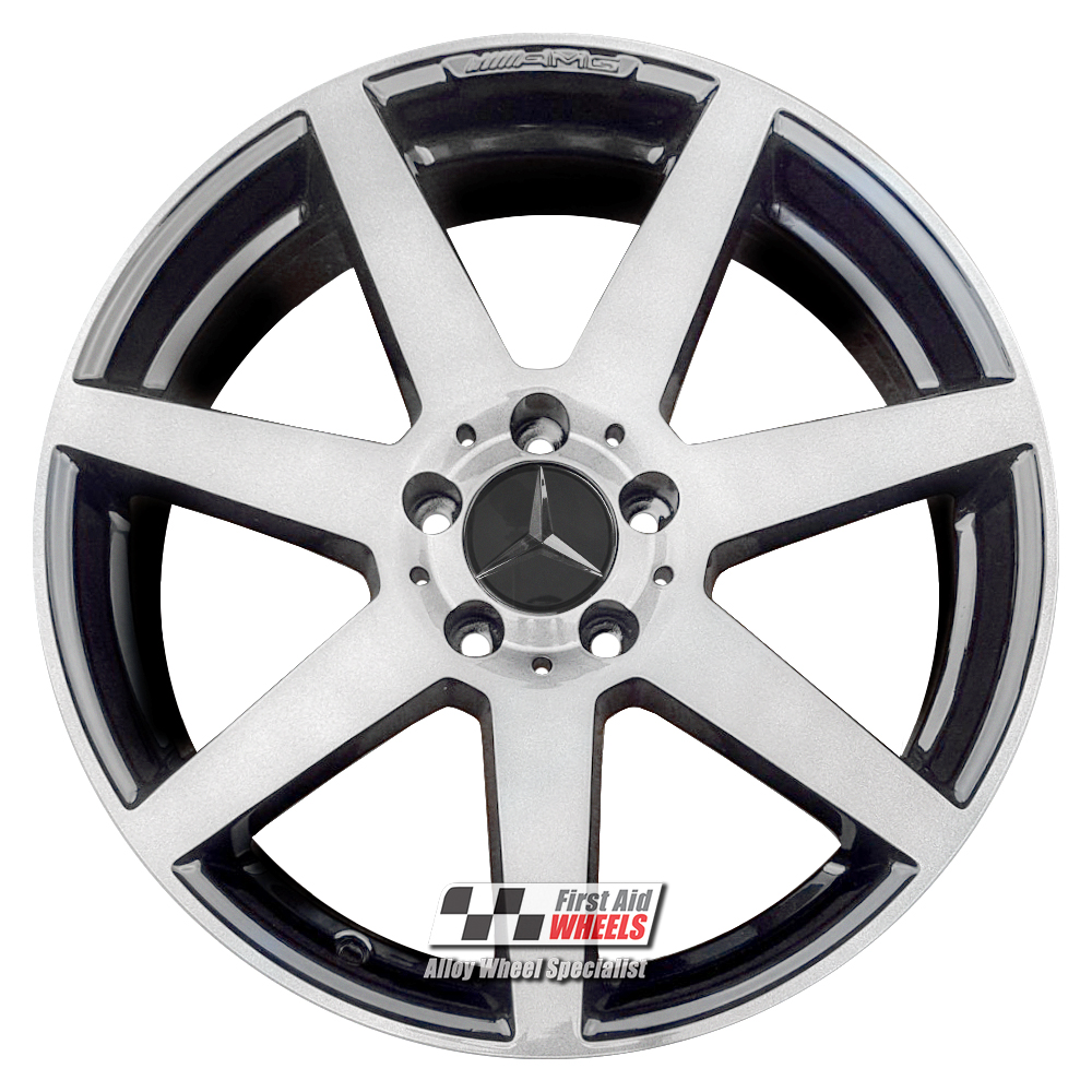 [R244BSL] R244BSL EXCHANGE SERVICE - MERCEDES C CLASS 4x18" GENUINE AMG 7 SPOKE GLOSS BLACK DIAMOND CUT SMOKED LACQUER ALLOY WHEELS