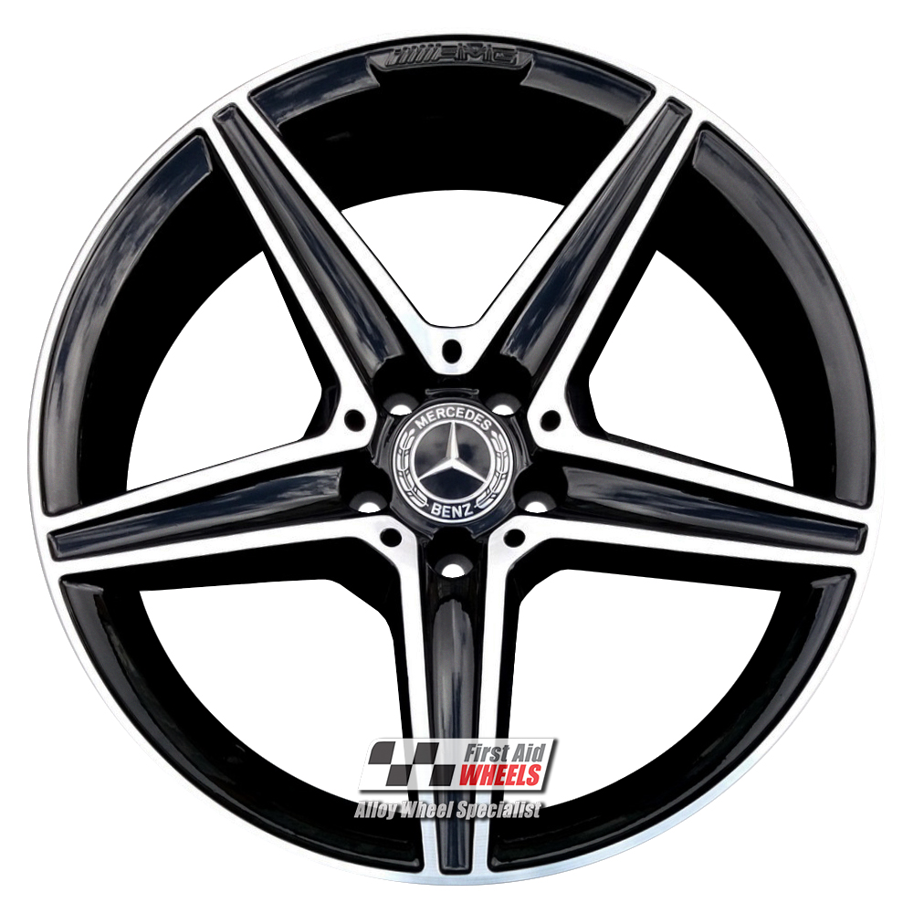 [R355DCB] R355DCB EXCHANGE SERVICE - MERCEDES C CLASS 4x18" GENUINE AMG 5 SPOKE GLOSS BLACK DIAMOND CUT ALLOY WHEELS